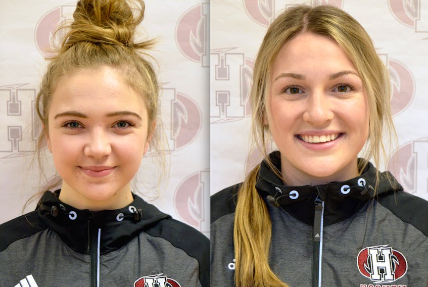 Mackenzie Koughan, left, and Annika Mason play for the Holland College Hurricanes women's hockey team. Submitted photos