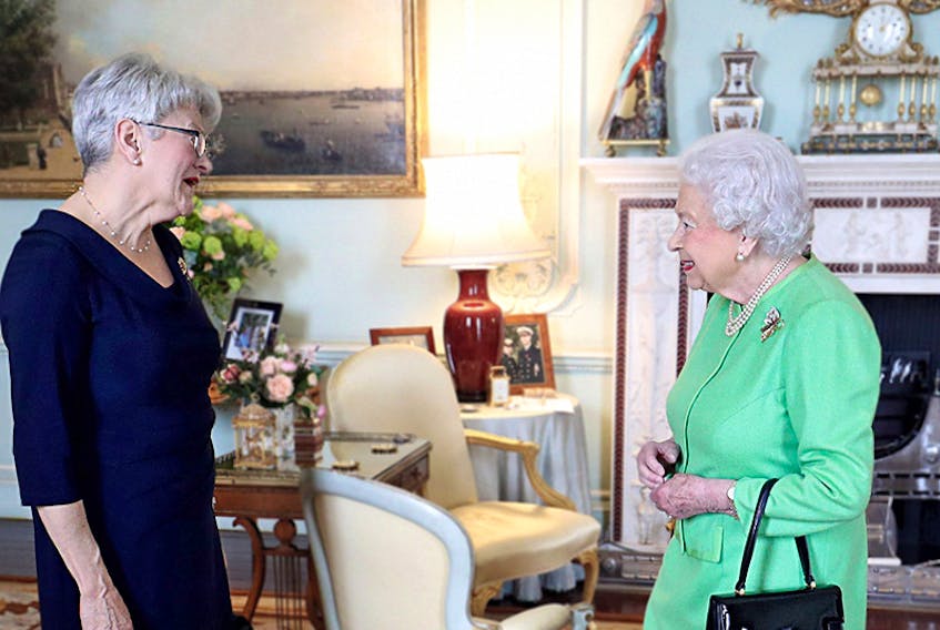 Antoinette Perry, left, Prince Edward Island’s Lieutenant Governor, meets with Queen Elizabeth in London, Thursday, March 15, 2018.  ©THE GUARDIAN