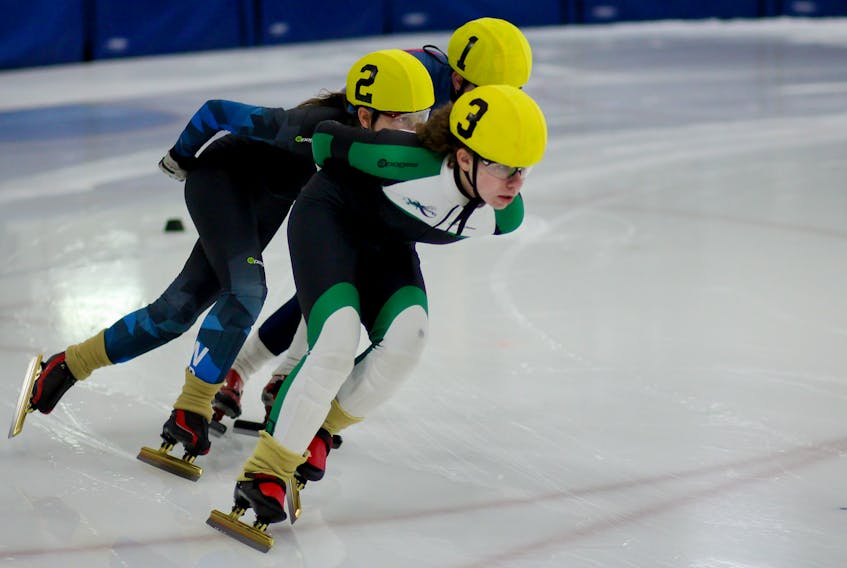 P.E.I.’s Jenna Larter, foreground, recently set a pair of new provincial records for junior women at a speed skating meet in Chicoutimi, Que.