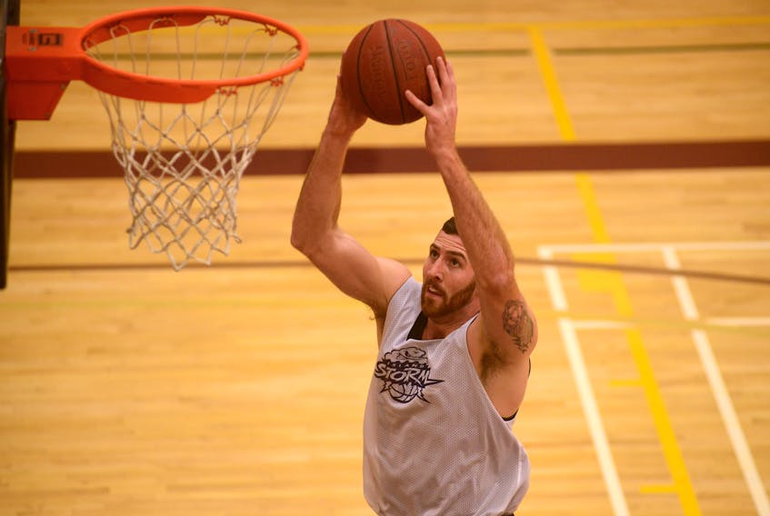 Centre Zack Valliere goes in for a slam during training camp with the Island Storm. Jason Malloy/The Guardian