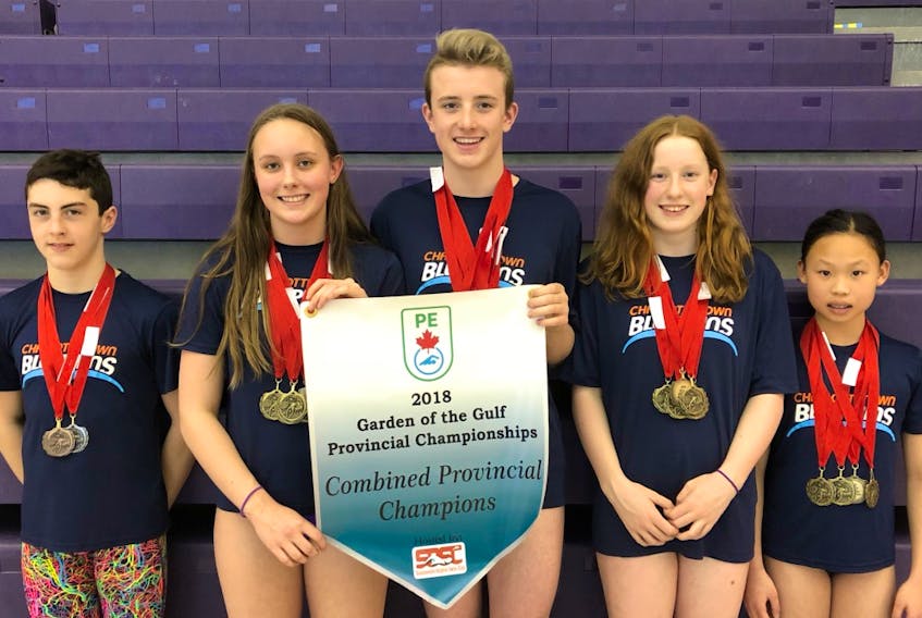 Charlottetown Bluephins Aquatic Club swimmers swept the age group banners and won five of six 50-metre freestyle eliminator titles at the recent Garden of the Gulf provincial swim championships in Summerside. The eliminator winners are, from left, Jessi MacKinnon (boys 11-12), Amy Wheatley (senior girls 15 and older), Charlie Morse (senior boys 15 and older), Courtney McBride (girls 13-14) and Maggie Hu (girls 11-12).