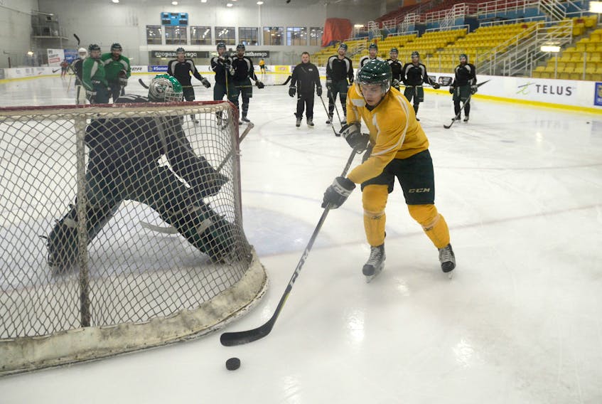 Forward Marcus Power goes behind the net as goalie Matt Mahalak keeps a close eye on him during a drill before Thursday's UPEI Panthers practice began.
