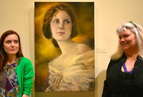 Nikki Gallant, left, stands beside her vintage-styled portrait painted by artist Bernadette Kernaghan, right.