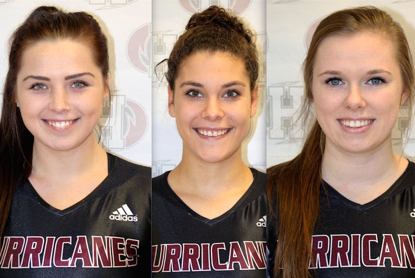 From left, Dana Trainor, Brittney States and Gracie Ferguson play for the Holland College Hurricanes women's volleyball team.
