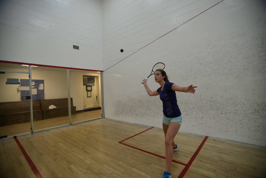 Squash standout Emma Jinks eyes up a shot during a practice in Charlottetown last year. The four-time national championship  and Stratford native is settling into her new home on the University of Virginia’s women’s squash team.
Jason Malloy/The Guardian