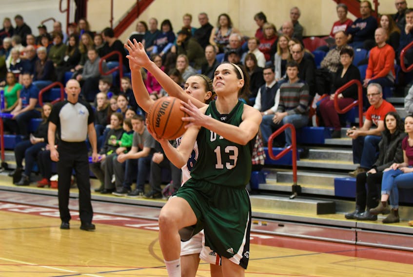 UPEI Panthers forward Kiera Rigby beats an Acadia Axewomen defender and prepares to take a shot Saturday during Atlantic University Sport women's basketball action in Wolfville, N.S.
