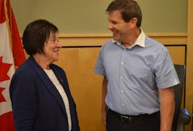 Cornwall Mayor Minerva McCourt and Kevin McCarville, chief administrative office for the Town of Cornwall, chat after their monthly Cornwall Town Council meeting last night. Cornwall Town Council plans to host a public meeting to get feedback from residents regarding proposed changes to the zoning and subdivision bylaws.