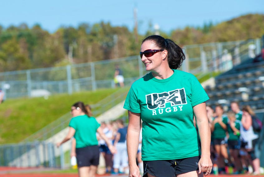 Former UPEI women’s rugby coach Shannon Atkins is pictured patrolling the Panthers sidelines. Atkins is going into the P.E.I. Rugby Union Hall of Fame for pioneering women’s rugby on P.E.I. and her success at a university player.