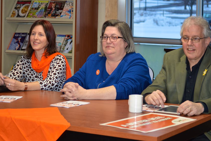 Susan MacVittie, left, Margaret Andrade and Joe Byrne take part in a leadership debate at the Montague Rotary Library Friday. The next debate is at the Loyalist Lakeview Resort in Summerside on March 29.