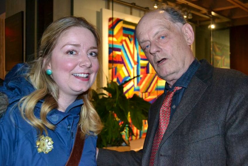 Jennifer Wood, left, meets Rex Murphy, who contributes weekly TV essays to The National, at the Homburg Theatre at the Confederation Centre of the Arts during a panel discussion with CBC's flagship newscast The National. Wood enjoyed Murphy’s comments about the American election.