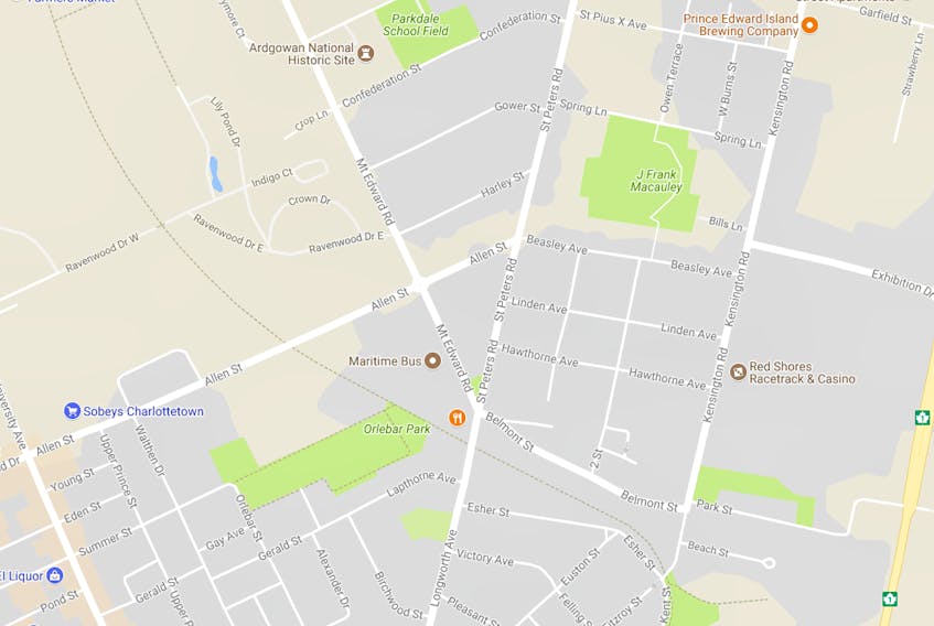 Screenshot of a Google Map showing Allen Street in Charlottetown.