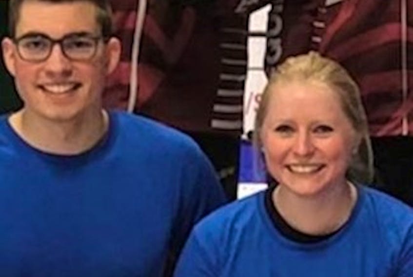 Alex Robichaud of Moncton, N.B., left, and Charlottetown's Aleya Quilty won the gold medal at the recent Curling Canada under-25 mixed doubles event in Fredericton, N.B.