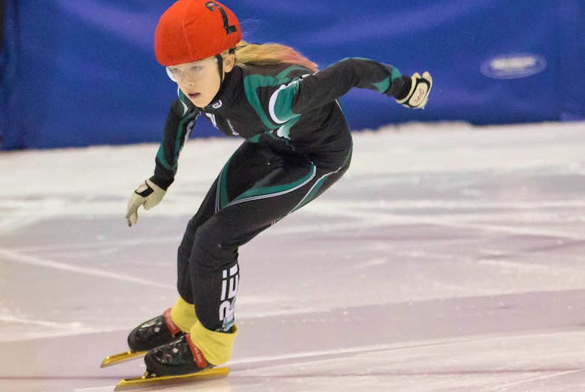 Stratford’s Jane Bruce skates at the Atlantic Cup last October in Charlottetown. Bruce is one of five Team P.E.I. members competing at the Canada East short track championships Saturday and Sunday in Campbellton, N.B.
Photo special to The Guardian by Amanda Burke