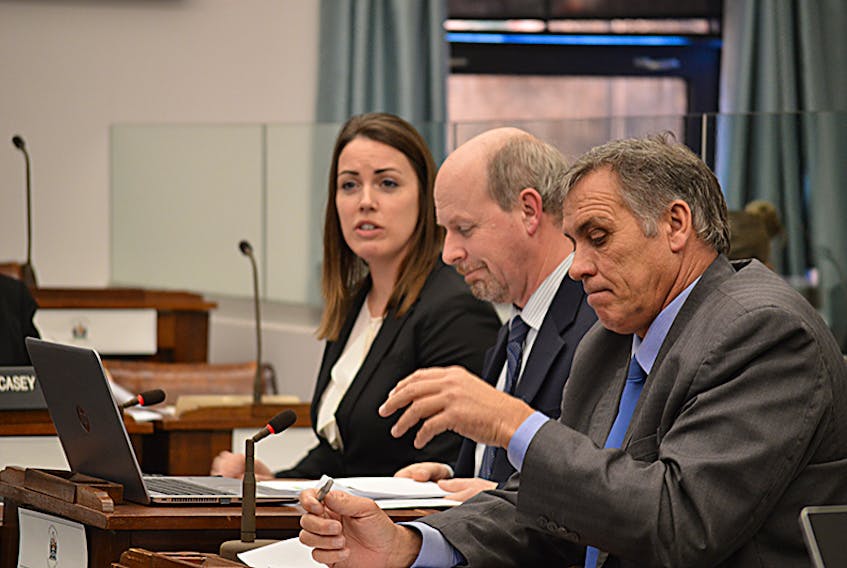 Representatives with the Department of Health and Wellness and Health Minister Robert Mitchell, right, testified before the Standing Committee on Health and Wellness Tuesday in Charlottetown. Rebecca Gill, manager of health recruitment and retention for the department, and Kevin Barnes, director of health policy and programs for the department, updated the committee on the recruitment process for physicians and nurses.  ©THE GUARDIAN