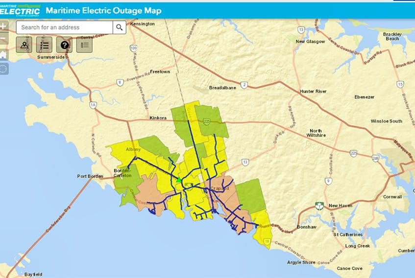 A map of P.E.I. showing areas of a power outage as of 6 a.m., Friday, April 27.  ©THE GUARDIAN - Maritime Electric
