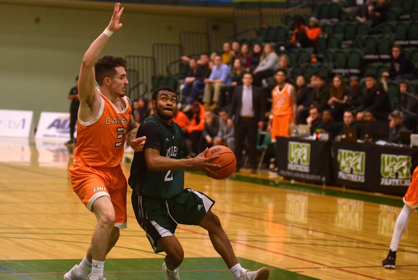 UPEI Panthers guard Moshe Wadley, right, gets into the paint Sunday while being defended by Cape Breton Capers Indiana Rotondo.
