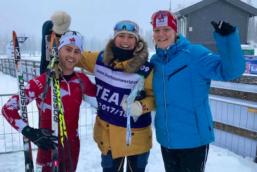 Bedeque’s Carsen Campbell and fellow Canadian Sarah Beaudry recently finished fourth in Norway during the International Biathlon Union (IBU) single mixed relay event. From left are Campbell, coach Kristin Lyche and Beaudry. Submitted photo
