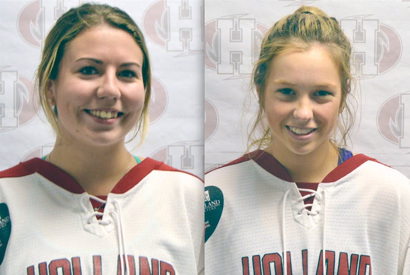Jessie McCarthy, left, and Kate Moss are the Holland College Hurricanes ringette team's goalies. Submitted photos