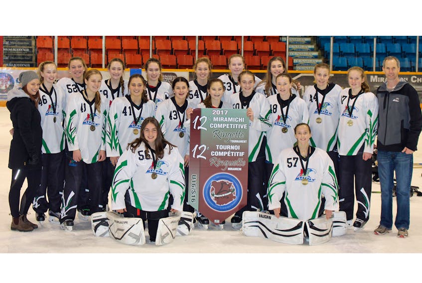 The P.E.I. Wave won the under-16 division of a competitive ringettte tournament in Miramichi, N.B., on the weekend. Team members, front row, from left, are Georgia Fraser and Kenzy Hawkins. Second row, Devon Costello, Brooklyn MacInnis, Autumn Chandler, Chloe LaBrech, Addie MacPhee and Jamie MacAulay. Third row, coach Emily Hughes, Kayda Hawkins, Cassie Gallant, Jessica Murphy, Carley Matheson, Grace MacKinnon, Maddy Cronin, Alexa Carpenter, Natalie Caron, Andrea Caron and coach Francois Caron. Missing are coaches Brynn Van Wiechen and Paige Blakely. Submitted photo