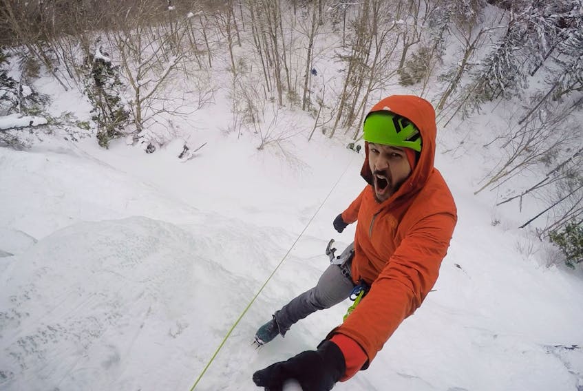 Matt Cormier takes part in an ice climb in the Sussex, N.B. area in March, just six months after a devastating fall saw him break two vertebrae, a tibia, fibula, femur, sternum, five foot bones and shatter his elbow. Part of Cormier’s shattered elbow still remains at the site where he fell.