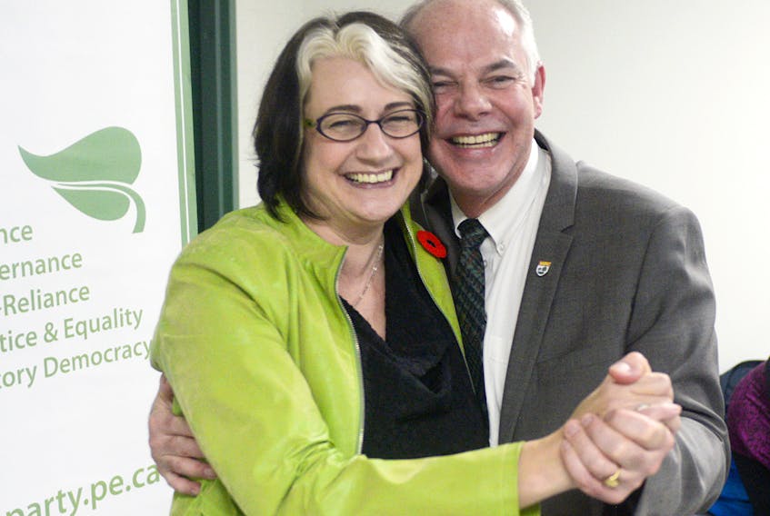 Hannah Bell was nominated Monday night to run for the Green party in the District 11, Charlottetown-Parkdale byelection. Bell is pictured here with provincial Green leader Peter Bevan-Baker. (Mitch MacDonald/The Guardian)