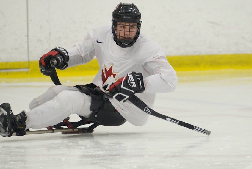 Liam Hickey, of St. John's, N.L., looks for a pass from a teammate during Thursday's Team Canada practice at MacLauchlan Arena. The team is preparing for the World Sledge Hockey Challenge that begins Sunday in Charlottetown. Hickey played for Team P.E.I.'s wheelchair basketball squad at the 2015 Canada Games in Prince George, B.C.