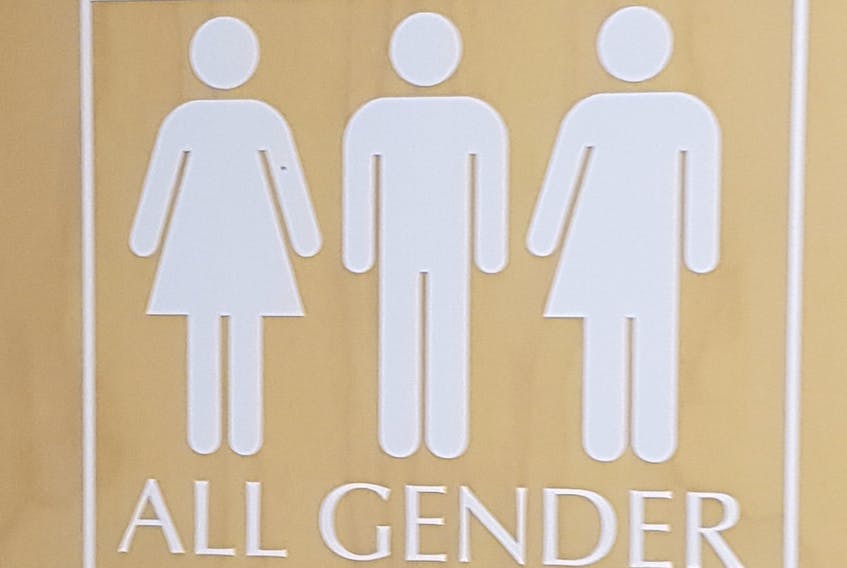 A sign for a multi-user, all-gender washroom.