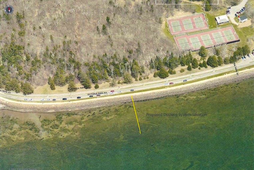 This yellow line depicts where the floating dock system will be constructed off Victoria Park in Charlottetown. It will be located between the playground and the tennis courts.