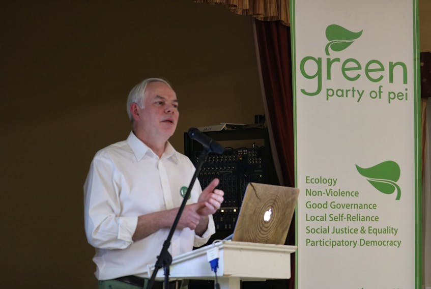 Green party Leader Peter Bevan-Baker delivers a speech during the party’s annual general meeting last month. The party has become the most popular political force on the Island, according to recent polling.