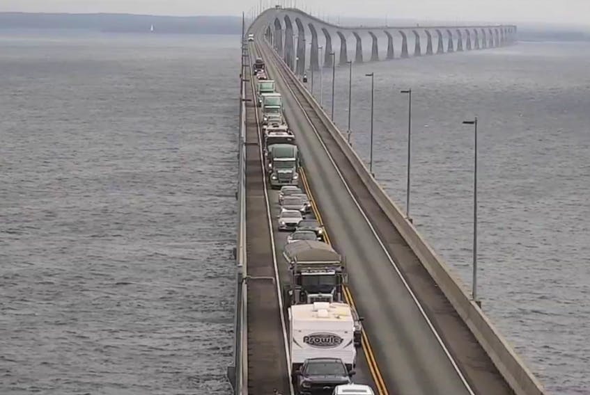 Confederation Bridge webcam photo.
A long line of vehicles begins to move again on Confederation Bridge Thursday afternoon after a motor vehicle collision caused traffic to be delayed temporarily.