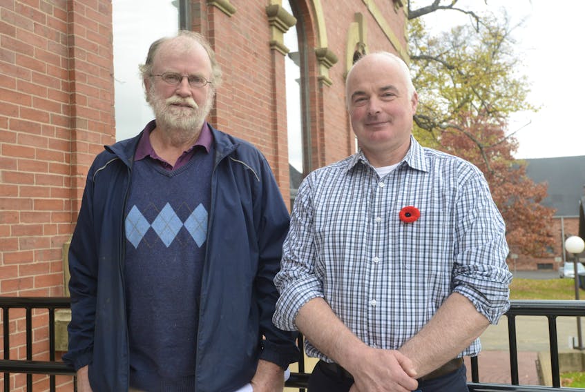 Reg Phelan, left, and Doug Campbell of the National Farmer’s Union of P.E.I. told a standing committee Thursday they are concerned about the large parcels of P.E.I. land being purchased by big, off-Island companies and entities. (Teresa Wright/ The Guardian)
