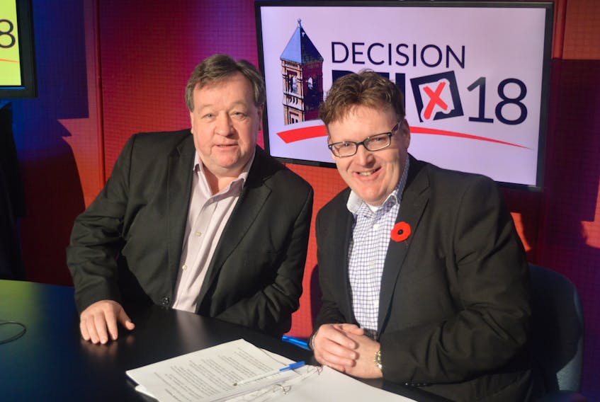 Wayne Thibodeau, right, managing editor of The Guardian, will anchor The Guardian’s live television broadcast of the municipal election Monday, Nov. 5 on Eastlink Community TV with special guest host and election night analyst Clifford Lee, the outgoing mayor of Charlottetown. The broadcast goes live at 7 p.m., exactly when the polls close across P.E.I.