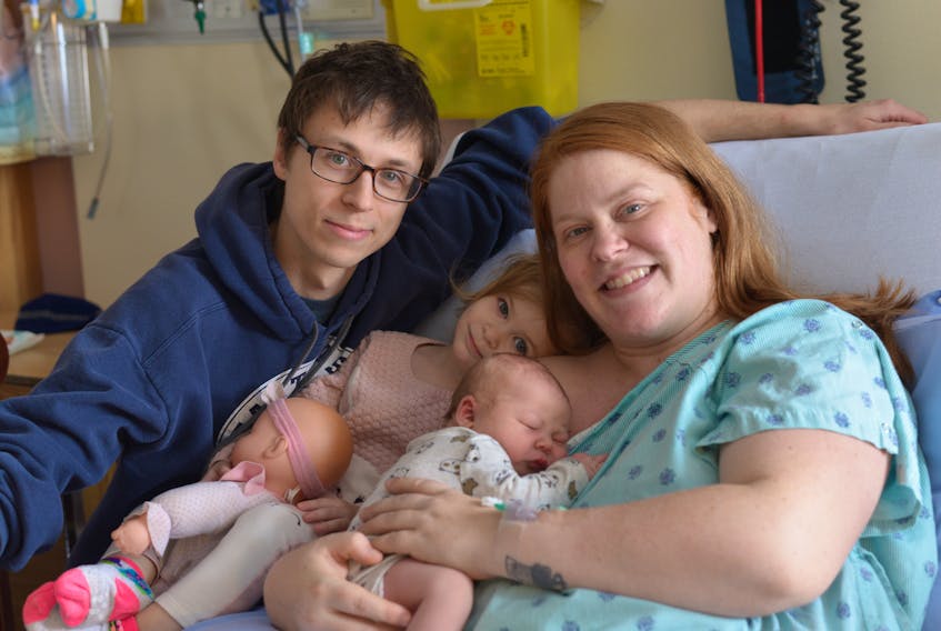 The Mueller family got a new addition on Tuesday with the birth of their son Oskar – also the first baby born on P.E.I. in 2019. In this photo is father and husband Markus Mueller, Oskar’s sister Maia, Oskar and mother Stephanie Mueller.