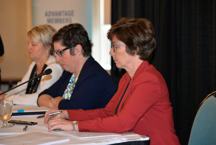 Karen Campbell, right, a lawyer with Cox and Palmer, participated in Wednesday’s business luncheon hosted by the Greater Charlottetown Area Chamber of Commerce discussing new cannabis legislation. Other panelists include Detry Carragher, a management consultant and human resources professional with CARVO GROUP, far left, and Bobbi Jo Flynn, a justice policy analyst with the Department of Justice and Public Safety.