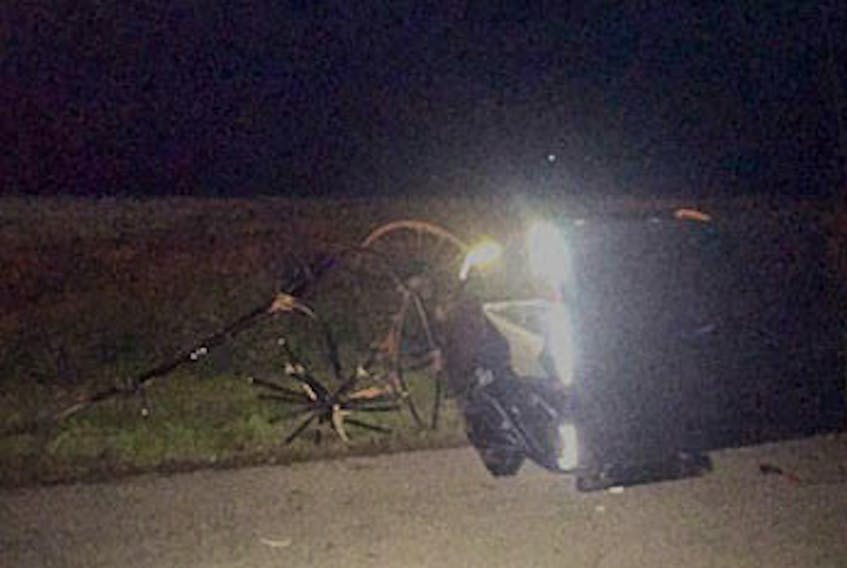 This buggy was heavily damaged after being hit by a vehicle in Peakes Tuesday night. RCMP said individuals in the buggy were not injured, although the driver and passenger of the vehicle were both transported to hospital. RCMP PHOTO