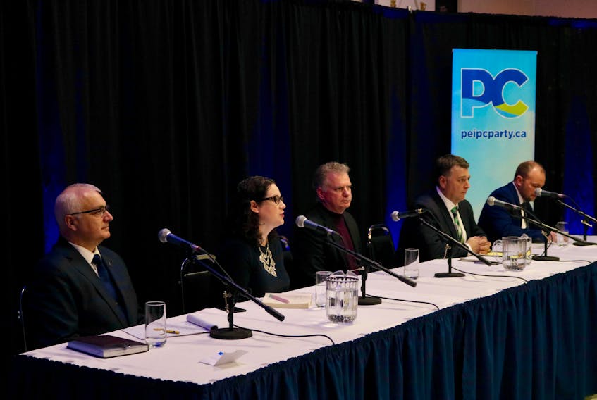 Allan Dale, Sarah Stewart-Clark, Kevin Arsenault, Dennis King and Shawn Driscoll, the five candidates campaigning to become the next leader of the PC Party, squared off in a leadership debate on Thursday night at Kaylee Hall on Pooles Corner.