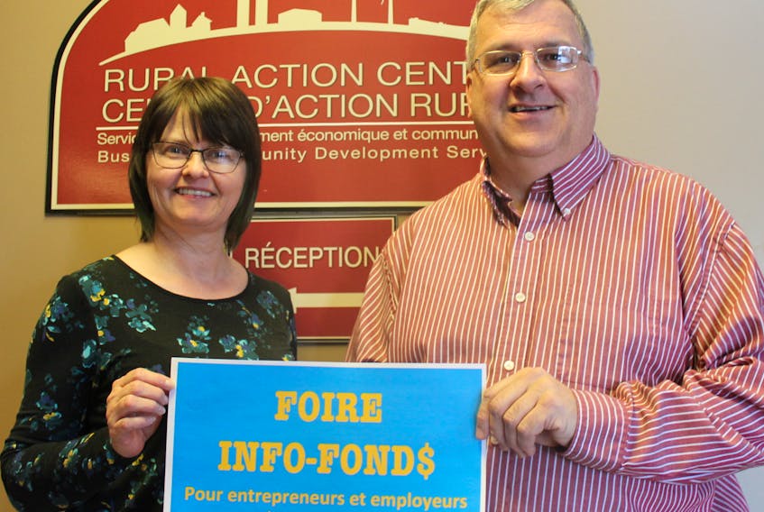 Velma Robichaud, client information officer with the Wellington Rural Action Centre, and Raymond J. Arsenault, co-ordinator of the Acadian and Francophone Chamber of Commerce of P.E.I., are busily organizing the “Fund$ Info Fair” for French-speaking entrepreneurs and employers Wednesday, April 25, in Summerside.