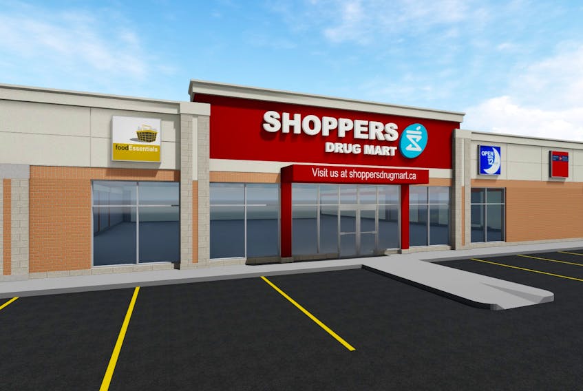 An artist concept of what the new Shoppers Drug Mart will look like in Stratford. Work on clearing land for three new stand-alone buildings next to the Sobeys store has begun.