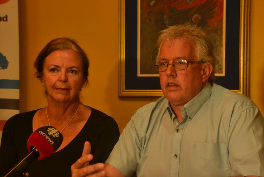 NDP of P.E.I. party president Leah-Jane Hayward and party leader Joe Byrne speak at a press conference on Friday.