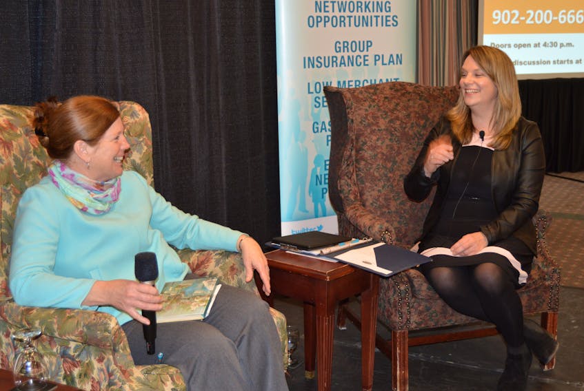 Tess Miller, left, associated professor with UPEI’s faculty of education, discusses the state of education in P.E.I. with Dawn Binns, Insight Branding and Marketing Studio and chairwoman of the Greater Charlottetown Area Chamber of Commerce’s policy committee. Binns acted as moderator for the chamber’s panel discussion on Thursday entitled “Let’s Talk K-12 Education – A conversation challenging the status quo of P.E.I.’s education system’.’