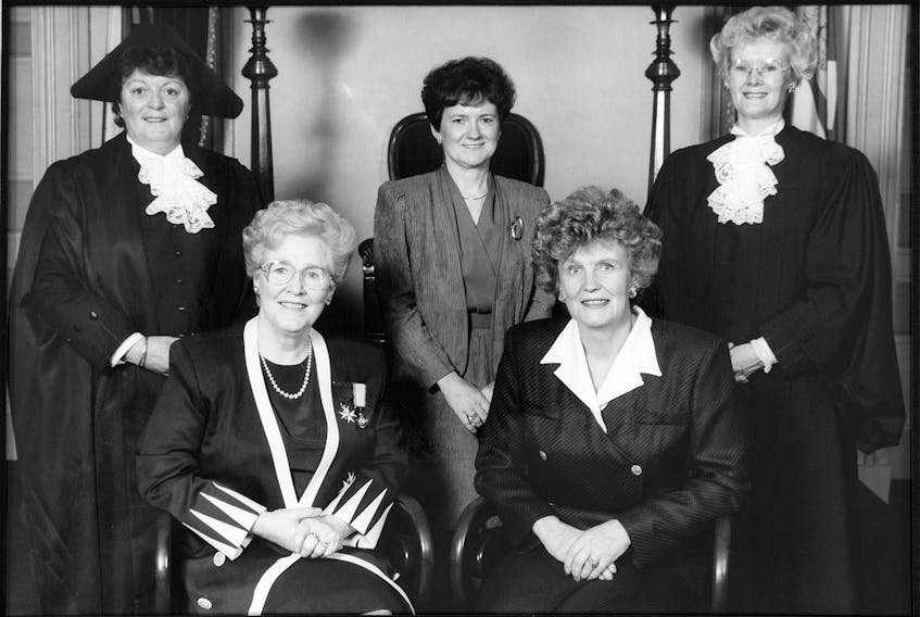 P.E.I.’s “famous five” women in senior positions in government gathered for a photo in 1993. From left, speaker of the house Nancy Guptill, left, then lt.-gov. Marion Reid, then opposition leader Pat Mella, then premier Catherine Callbeck, then deputy speaker Libbe Hubley.