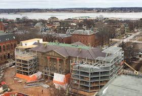 The first phase of work on the massive restoration of Province House is coming to a close. A steel exoskeleton is being constructed to help stabilize the building as the $47-million project continues. JORDAN DOIRON/SPECIAL TO THE GUARDIAN