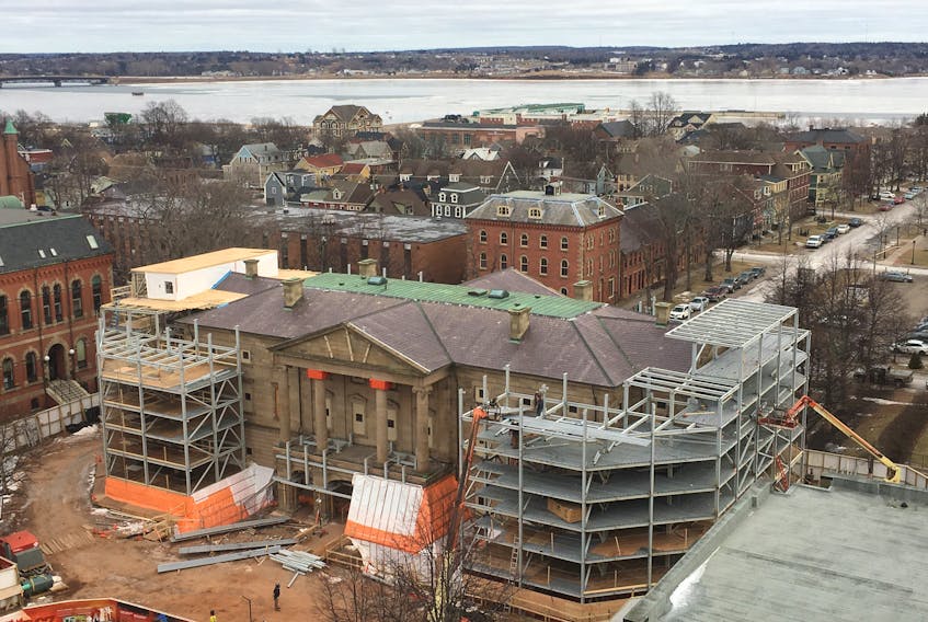 The first phase of work on the massive restoration of Province House is coming to a close. A steel exoskeleton is being constructed to help stabilize the building as the $47-million project continues. JORDAN DOIRON/SPECIAL TO THE GUARDIAN
