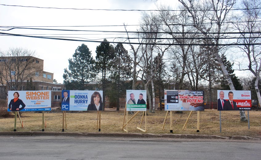 Provincial election canadiates' signs at the bottom of North River Road on Brighton Street in Charlottetown.