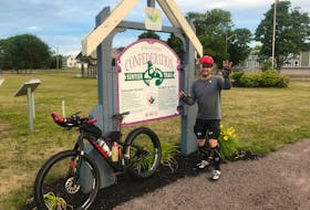 Lloyd McLean of Lyons Brook, N.S., said he managed to complete the entire 273-kilometre Confederation Trail in P.E.I. in just under 12 hours last Friday. He’s pictured here at the start of his journey in Tignish.