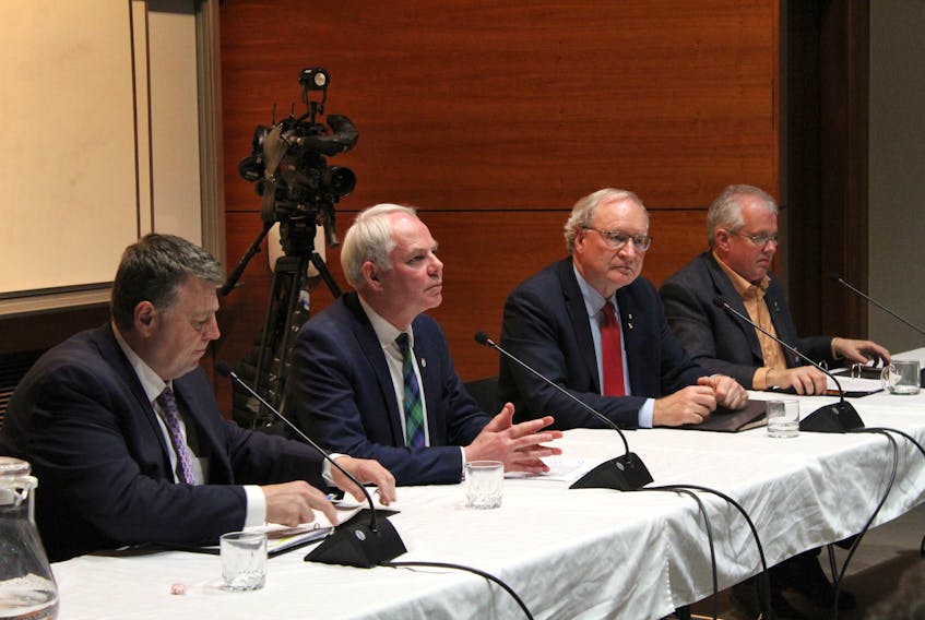 From left, PC Leader Dennis King, Green Leader Peter Bevan-Baker, Liberal Leader Wade MacLauchlan and NDP Leader Joe Byrne answer questions on environmental issues during a forum Monday evening at UPEI. Yakosu Umana/The Guardian