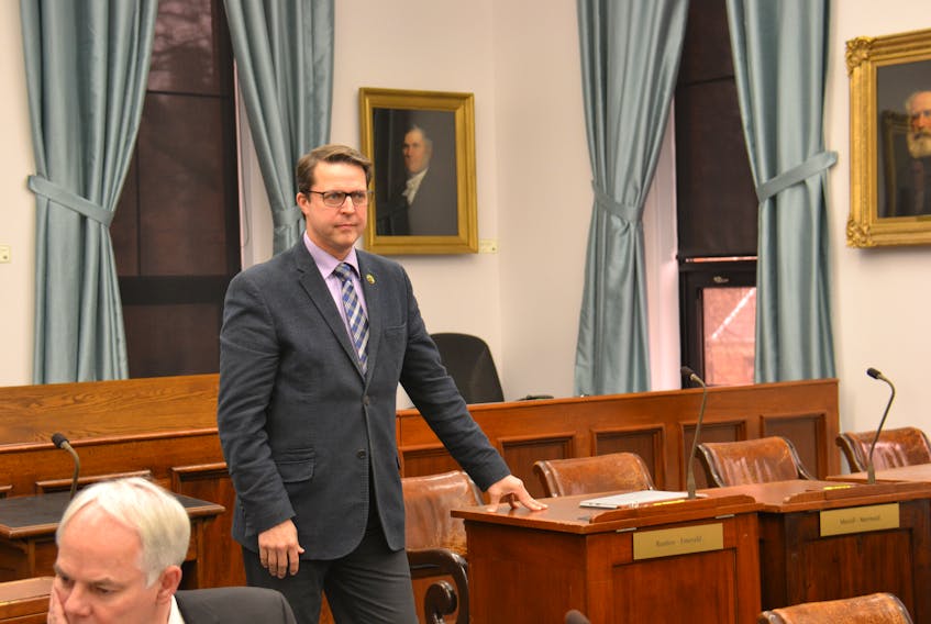 PC MLA Brad Trivers is shown in the legislature before the beginning of question period earlier this week.
