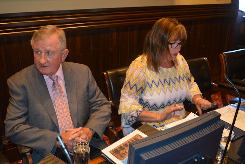 Coun. Mike Duffy has asked Charlottetown Police Services Deputy Chief Brad MacConnell to look into why there has been such a sharp drop in the number of parking meter tickets issued this year as compared to the same time period in 2018. Duffy is pictured next to Coun. Julie McCabe prior to council’s regular public monthly meeting on Monday.