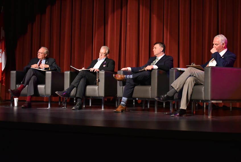 From left, Liberal Leader Wade MacLauchlan, NDP Leader Joe Byrne, PC Leader Dennis King, Green Leader Peter Bevan-Baker, listen to one of the questions at the Leader’s Forum on Women’s Issues April 10 in Charlottetown, P.E.I.