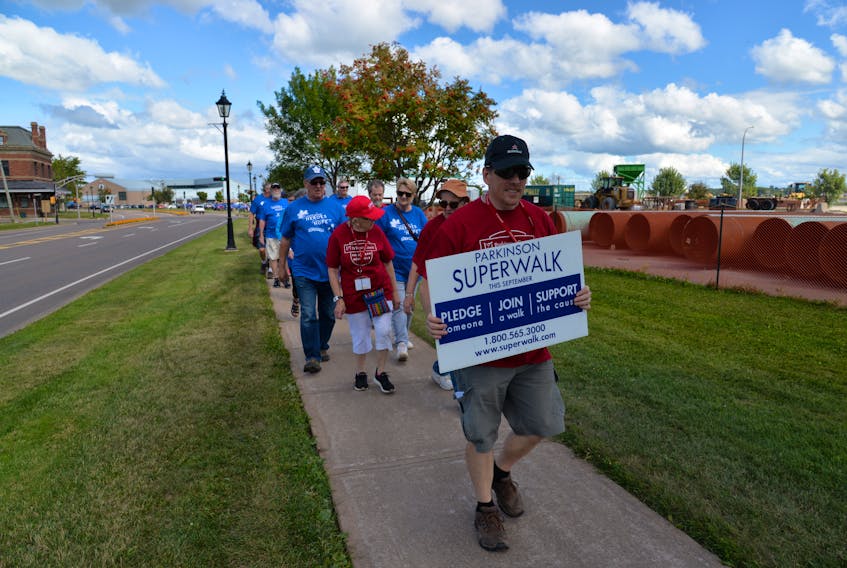 Dan Steele, president of the P.E.I. Chapter of Parkinson Canada, led the way for the annual Parkinson SuperWalk in Charlottetown on Sept. 9, 2018.
